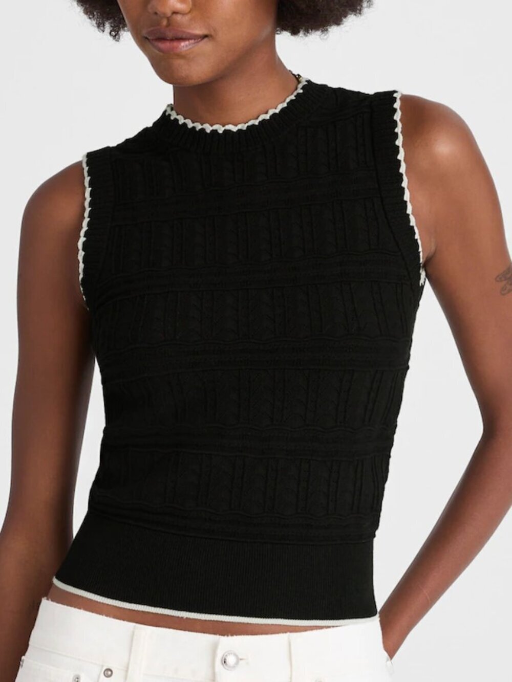 Madewell Mixed Pointelle-Stitch Sleeveless Sweater Black White Trim Size XS NWT